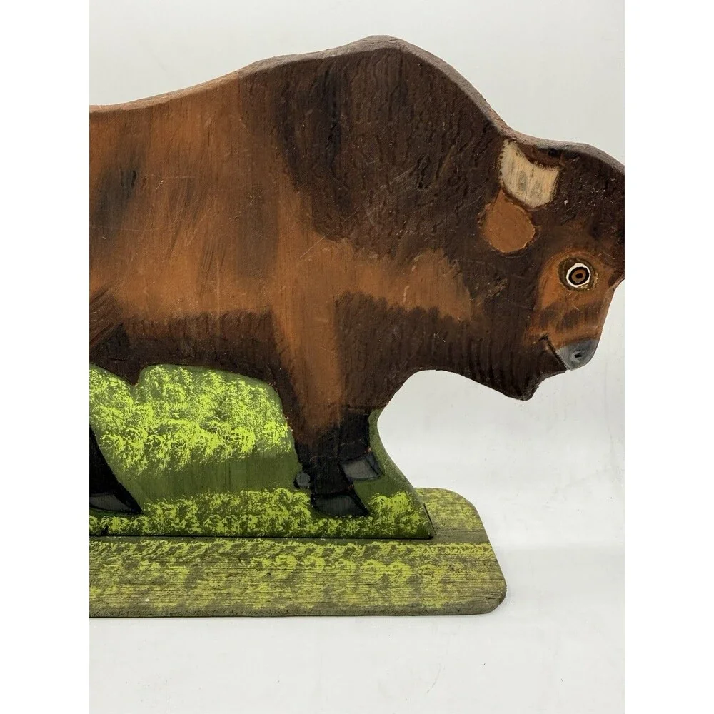 VTG 1988 Menno Shirk Folk Art Wood Carved Wild Buffalo 9” Signed Base Carving